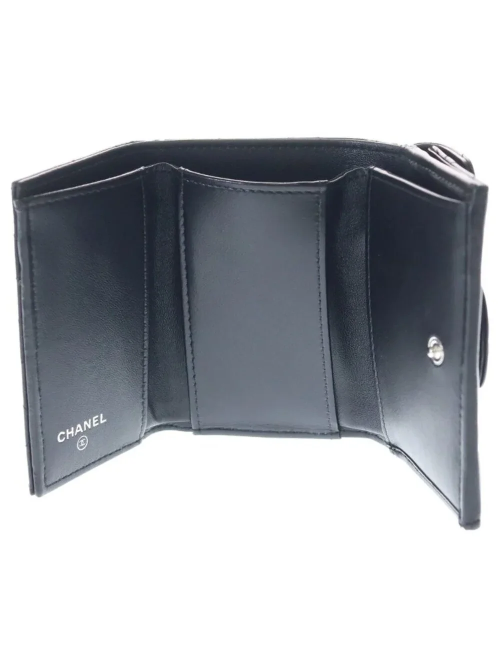 Chanel Quilted Trifold Wallet Compact Coin Purse Thor Black Lambskin